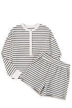 Black white Stripes Printed Half Button Long Sleeve Top and Shorts Set