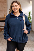 Blue Snap Buttons Pullover Plus Size Fleece Sweatshirt