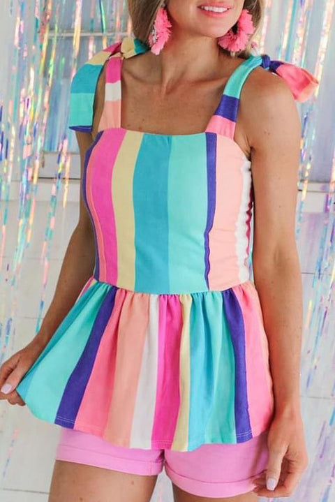 Multicolor Color Block Striped Bow Knot Straps Maxi Dress