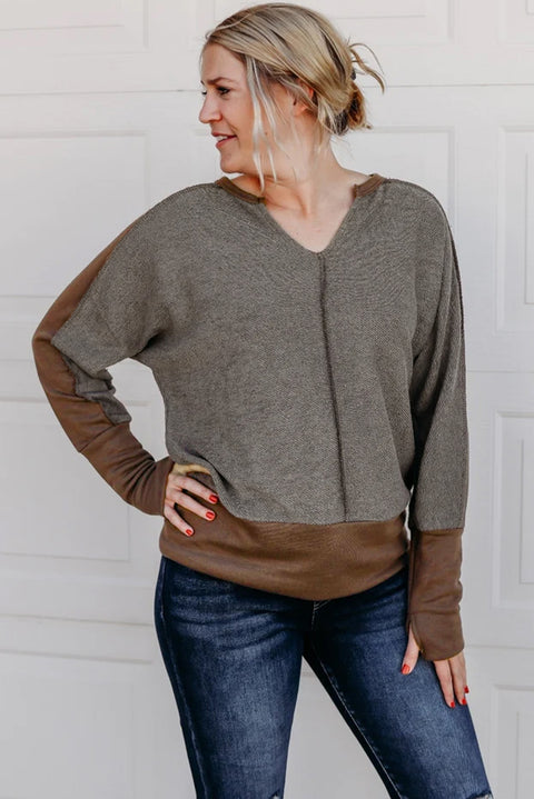 Brown Contrast Patchwork Thumbhole Sleeve Top