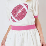 Pink Sequin Rugby Color Block Puff Short Sleeve Sweater