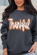 Gray Thankful Printed Drop Shoulder Corded Thanksgiving Sweatshirt