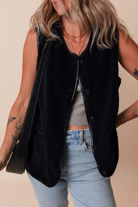 Black Leather Contrast Side Pockets Buttoned Fleece Vest