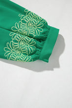 Green Contrast Floral Embroidered 3/4 Sleeve Notched V Neck Elegant Blouse