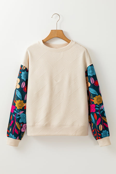 White Contrast Floral Sleeve Textured Drop Shoulder Knit Top