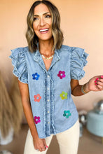 Beau Blue Sequin Flower Graphic Ruffled Sleeve Frayed Denim Top