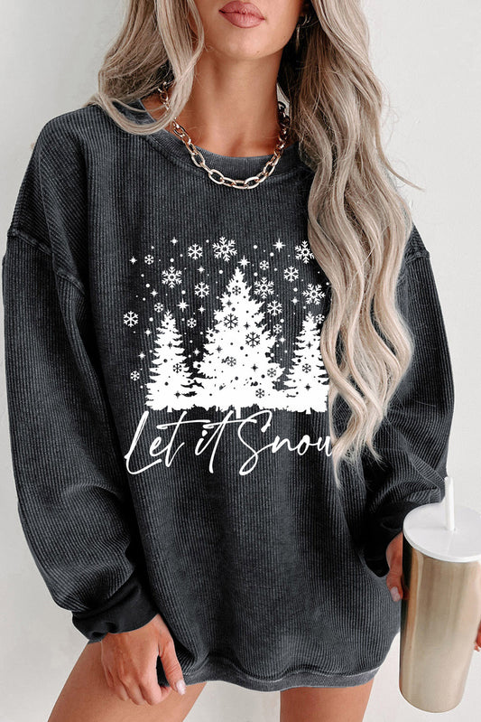 Black Christmas Tree Flake Graphic Corded Sweatshirt