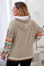 Smoke Gray Aztec Patchwork Sleeve Waffle Drawstring Plus Hoodie