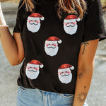 Black Sequin Christmas Claus Pattern Crewneck T Shirt