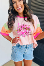 Pink Sequin Disco Ball Color Block Sleeve Graphic Tee