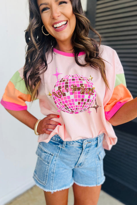 Pink Sequin Disco Ball Color Block Sleeve Graphic Tee