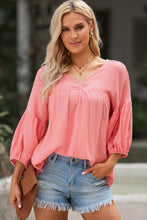 Pink Textured V Neck Bracelet Sleeve Babydoll Blouse