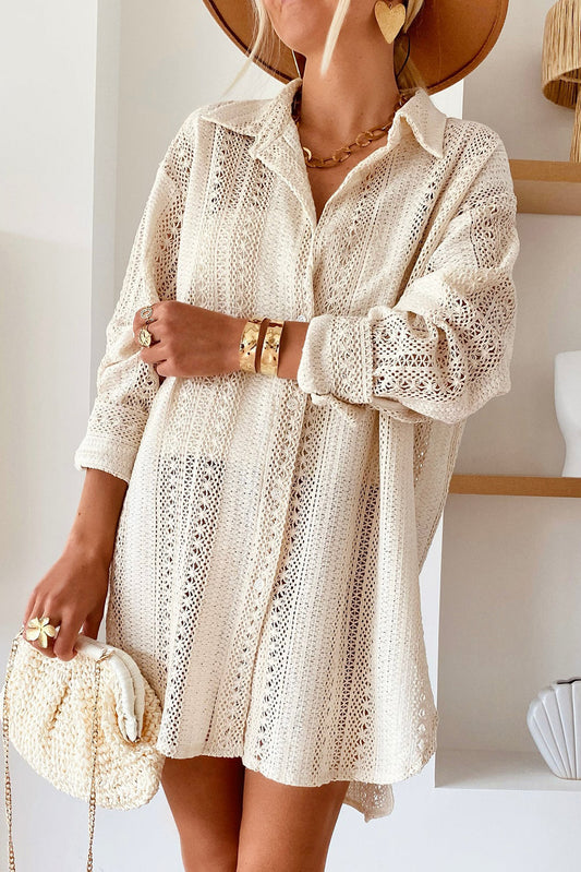 Beige Lace Crochet Collared Tunic Oversized Shirt