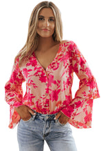 Pink Floral Print Tiered Bell Long Sleeve Buttoned Bodysuit