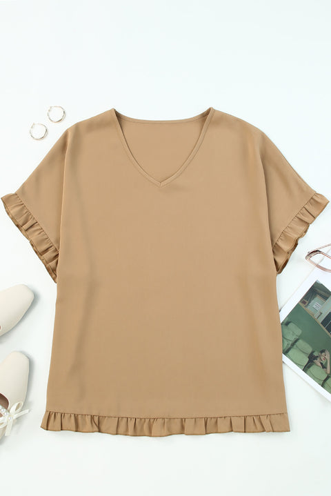 Khaki Ruffle Trim Short Sleeve Oversize Blouse