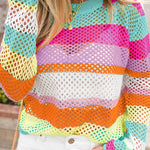 Rose Red Colorblock Patchwork Knit Crochet Eyelet Sweater