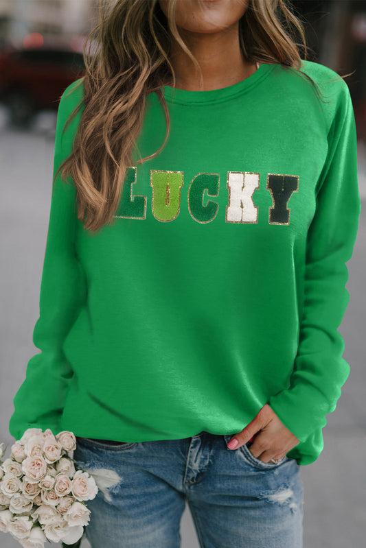 Green St Patricks LUCKY Chenille Embroidered Graphic Sweatshirt