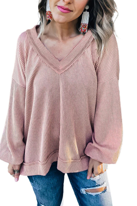 Peach Blossom Loose V Neck Bubble Sleeve Knit Ribbed Top