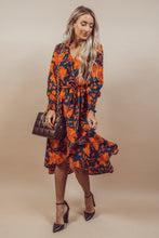 Orange Floral Print Faux Wrap Belted Dress