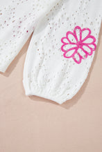 White Contrast Flower Print Eyelet Drop Shoulder Sweater