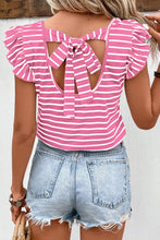 Pink Stripe Butterfly Sleeve V Neck Hollowed Knot Back T Shirt