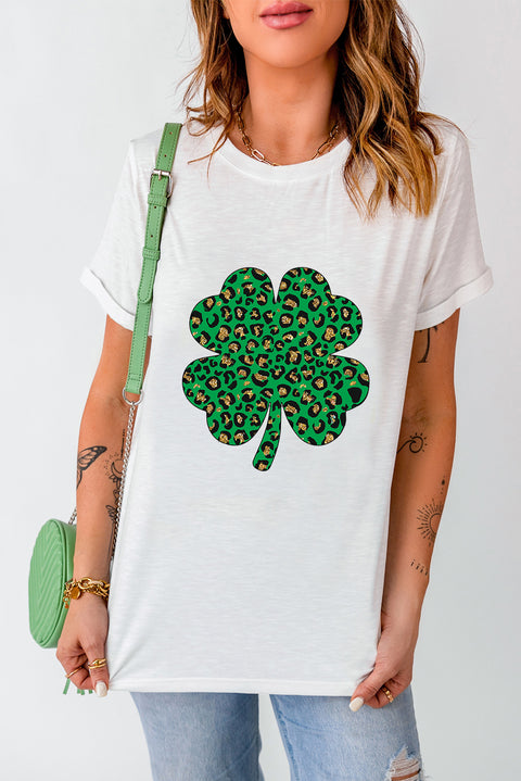 White Leopard Four Leaf Clover Graphic Tee