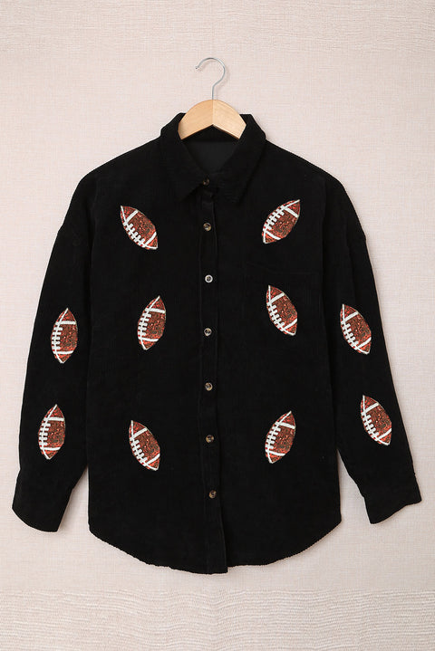 Black Sequin Rugby Pattern Buttoned Corduroy Shacket