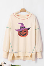 White Glittering Pumpkin Wizard Graphic Exposed Seam Side Split Halloween Sweatshirt