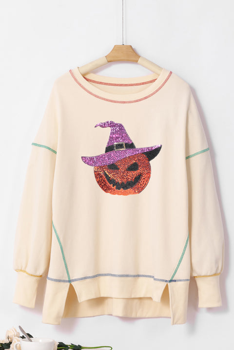 White Glittering Pumpkin Wizard Graphic Exposed Seam Side Split Halloween Sweatshirt