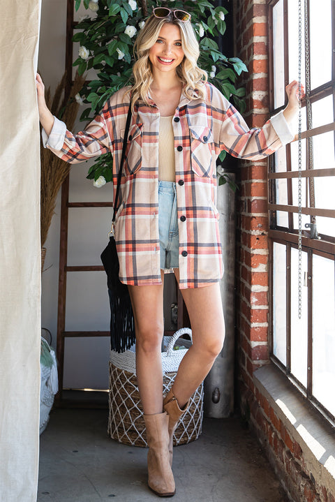 Khaki Chest Pockets Buttoned Oversized Plaid Shacket