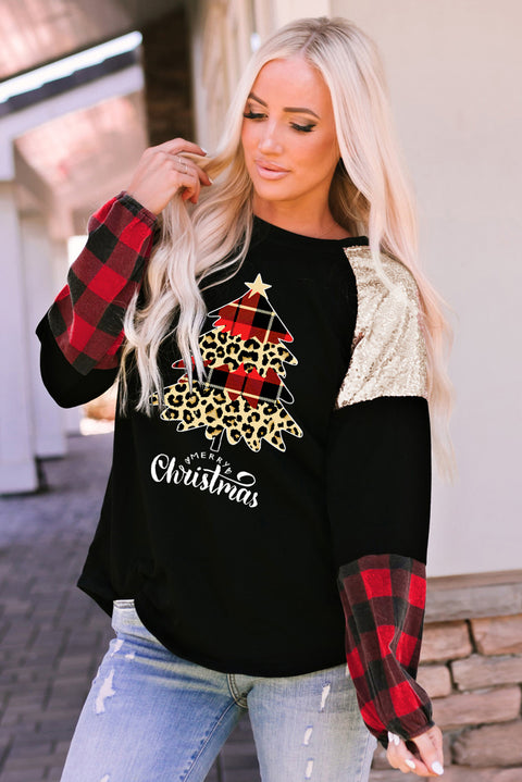 Black Christmas Tree Plaid Print Sequin Patch T Shirt