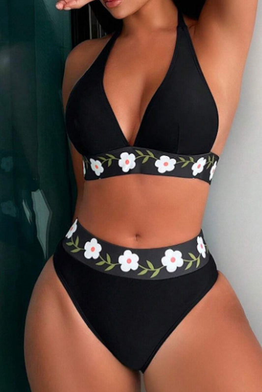 Black Floral Banded Halter High Waisted Swimsuit