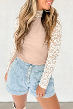 Smoke Gray Floral Lace Patchwork Long Sleeve High Neck Slim Top