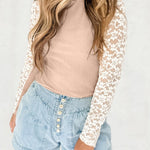 Smoke Gray Floral Lace Patchwork Long Sleeve High Neck Slim Top