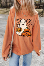 Orange Halloween Ghost Pumpkin Bat Print Corded Pullover Sweatshirt