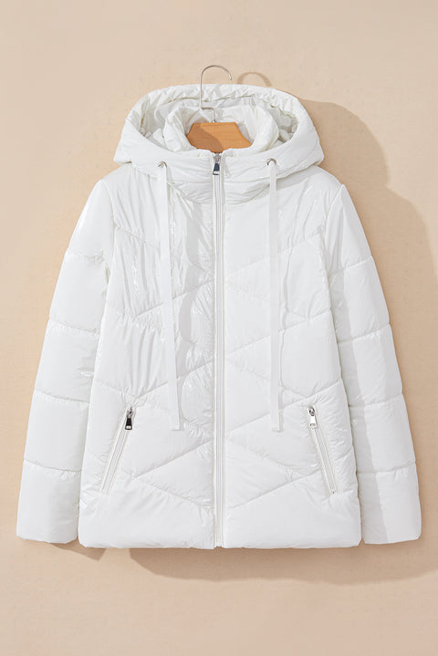 White Solid Quilted Hooded Zip Up Puffer Coat