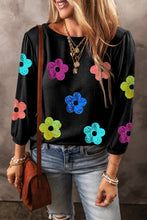 Black Sequin Flower Bracelet Sleeve Crew Neck Top