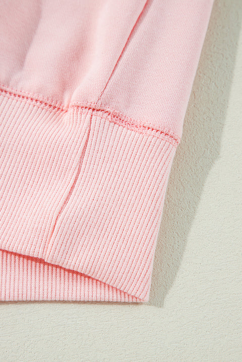 Light Pink Bow Thread Embroidery Ribbed Edge Sweatshirt