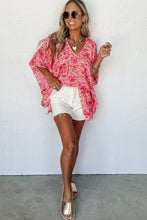 Pink Boho Floral V Neck Kimono Style Blouse