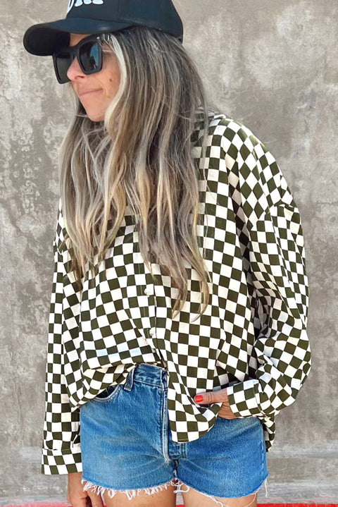 Green Checkerboard Printed Drop Shoulder Loose Casual Shirt