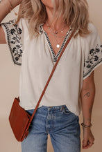 White Floral Embroidered Short Sleeve V Neck Blouse