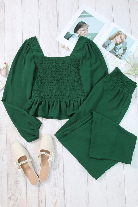 Green Square Neck Smocked Peplum Top and Pants Set