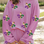 Phalaenopsis Mardi Gras Fleur de Lis Patched Corded Long Sleeve Top and Shorts