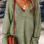 Jungle Green Loose Eyelet V Neck Drop Shoulder Sweater