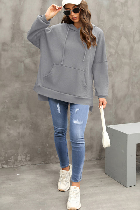 Gray Waffle Knit Fleece Lined High Low Oversized Hoodie