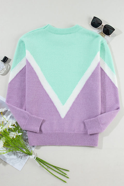 Green Chevron Colorblock Ribbed Knit Drop Shoulder Sweater