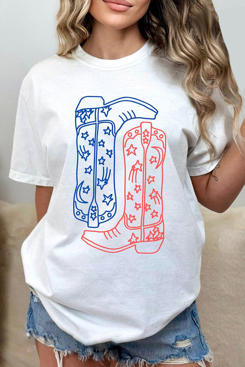 White Western Star Boots Print Round Neck Graphic T Shirt