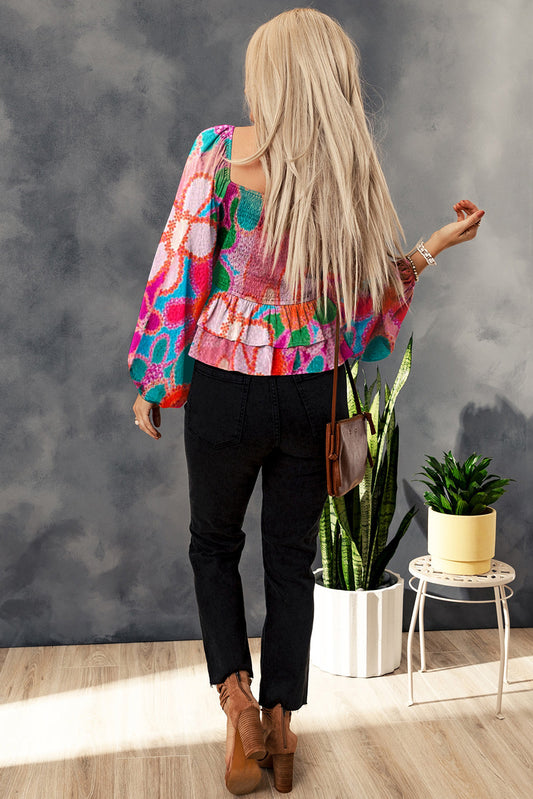 Multicolor Floral Print Smocked Square Neck Ruffles Blouse