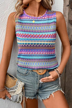 Light Blue Ethnic Wavy Pattern Round Neck Sleeveless Top