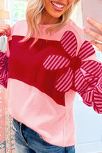 Pink Floral Patch Color Block Striped Sleeve Textured Top